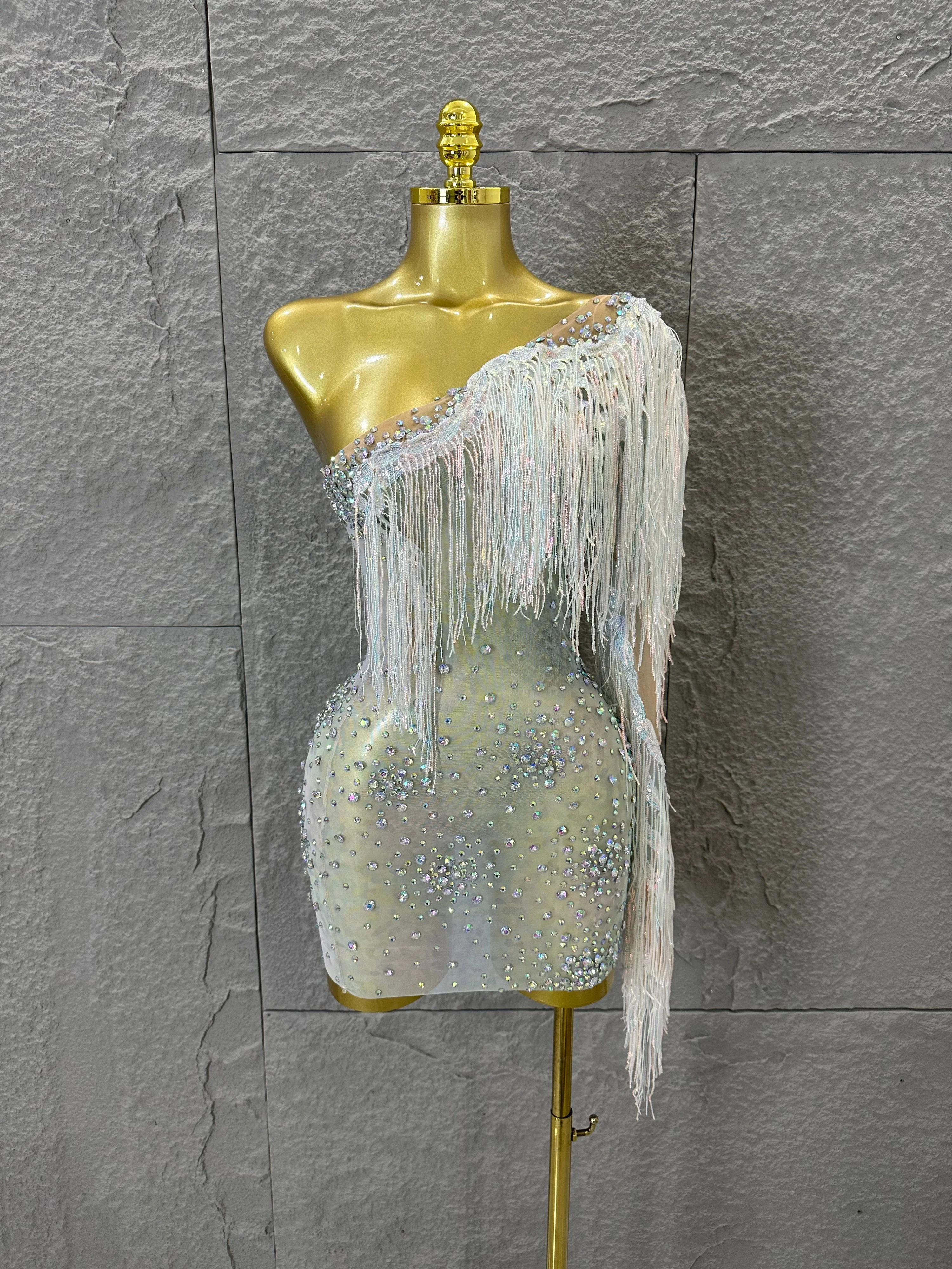

Glamorous Nude Sheer Mesh Dress Women Long Sleeve Flowy Rhinestone Fringe Embellished Nightclub Party Dance Performance Outfit
