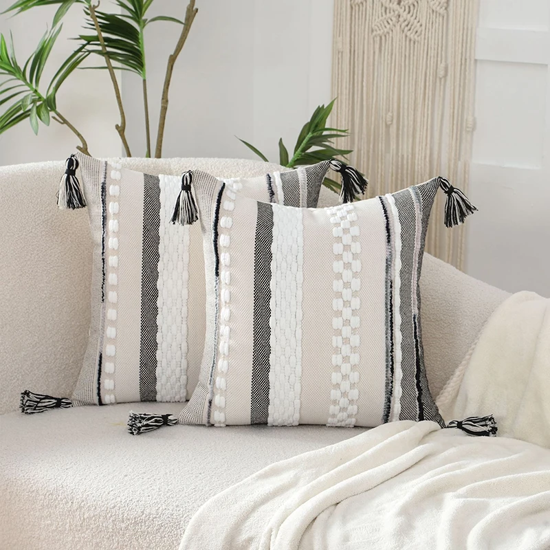 Tassel Hand Woven Striped Pillow Cover Textured Square Cushion Cover Boho Farmhouse Sofa Bedroom Decor Pillowcase No Insert