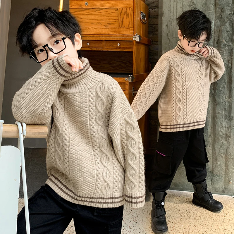 

4-14Y Pure Color Winter Boy Girl Kid Thick Knitted Bottoming Turtleneck Shirts Solid High Collar Pullover Casual Fashion Sweater