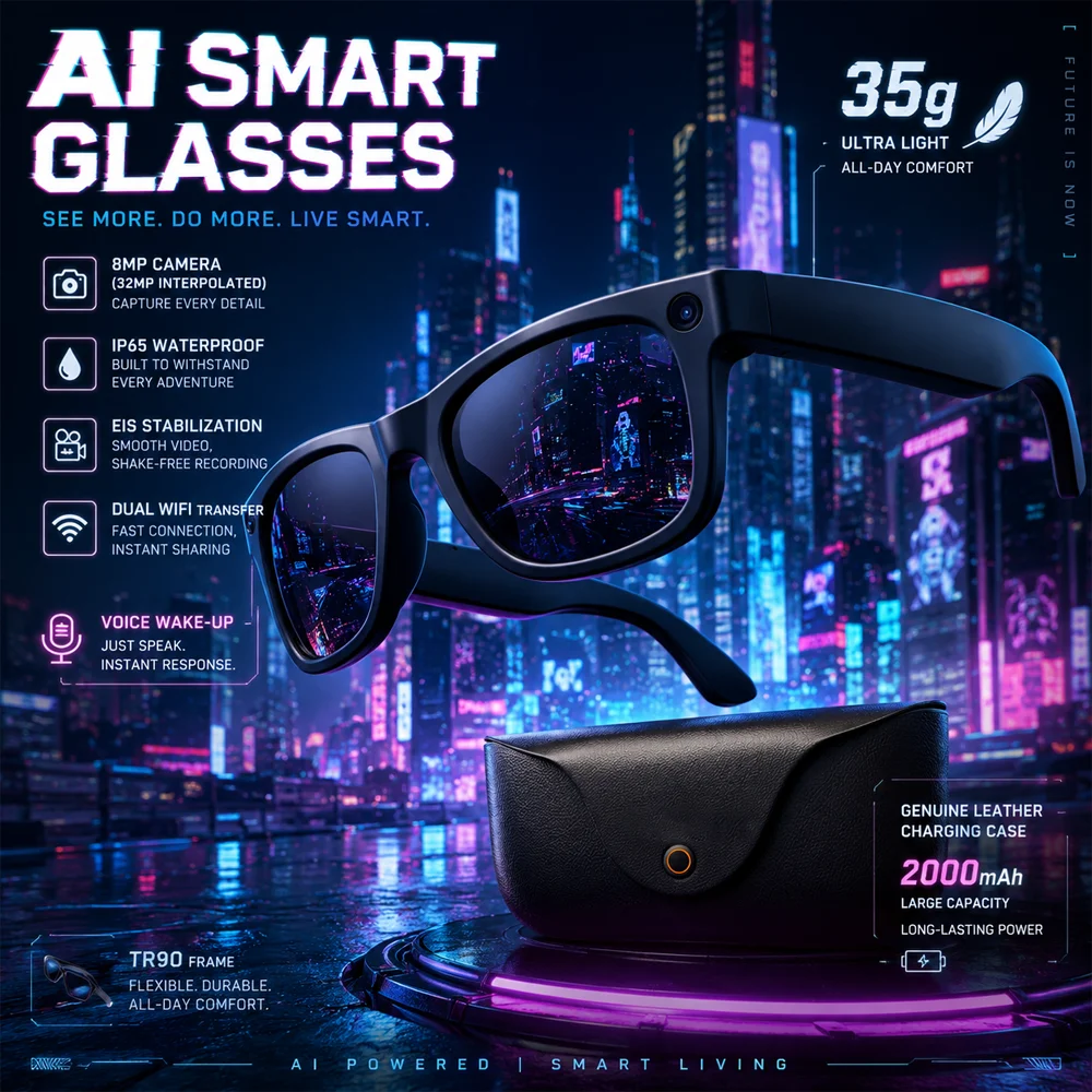 

2026 Smart Glasses Genuine Leather 8MP HD Lens 2000Mah Charging Case BT Call 3D Music AI Voice Wake-up AI Translation