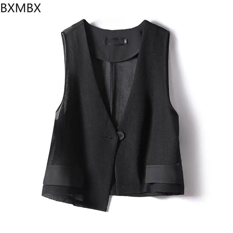 Premium flocking thin mesh vest short2025 summer tide  asymmetrical vest vest air-conditioned shirt for women