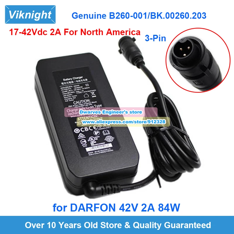 

Оригинальный адаптер переменного тока 42 В, 2 А, 17–42 В постоянного тока, 2 А для Северной Америки B260-001 BK.00260.203. Зарядное устройство для Darfon Special 3-контактный блок питания