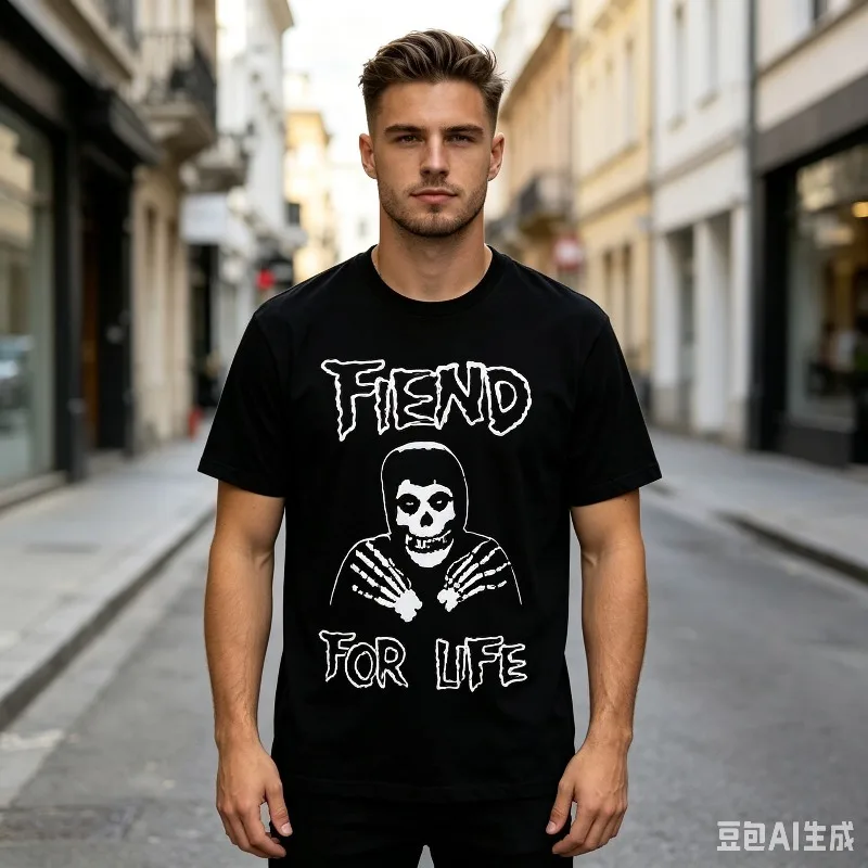 Vintage Fiend for Life Skull Graphic T-shirt Punk Rock Band Tees Hip Hop Streetwear Casual Tops Men and Women