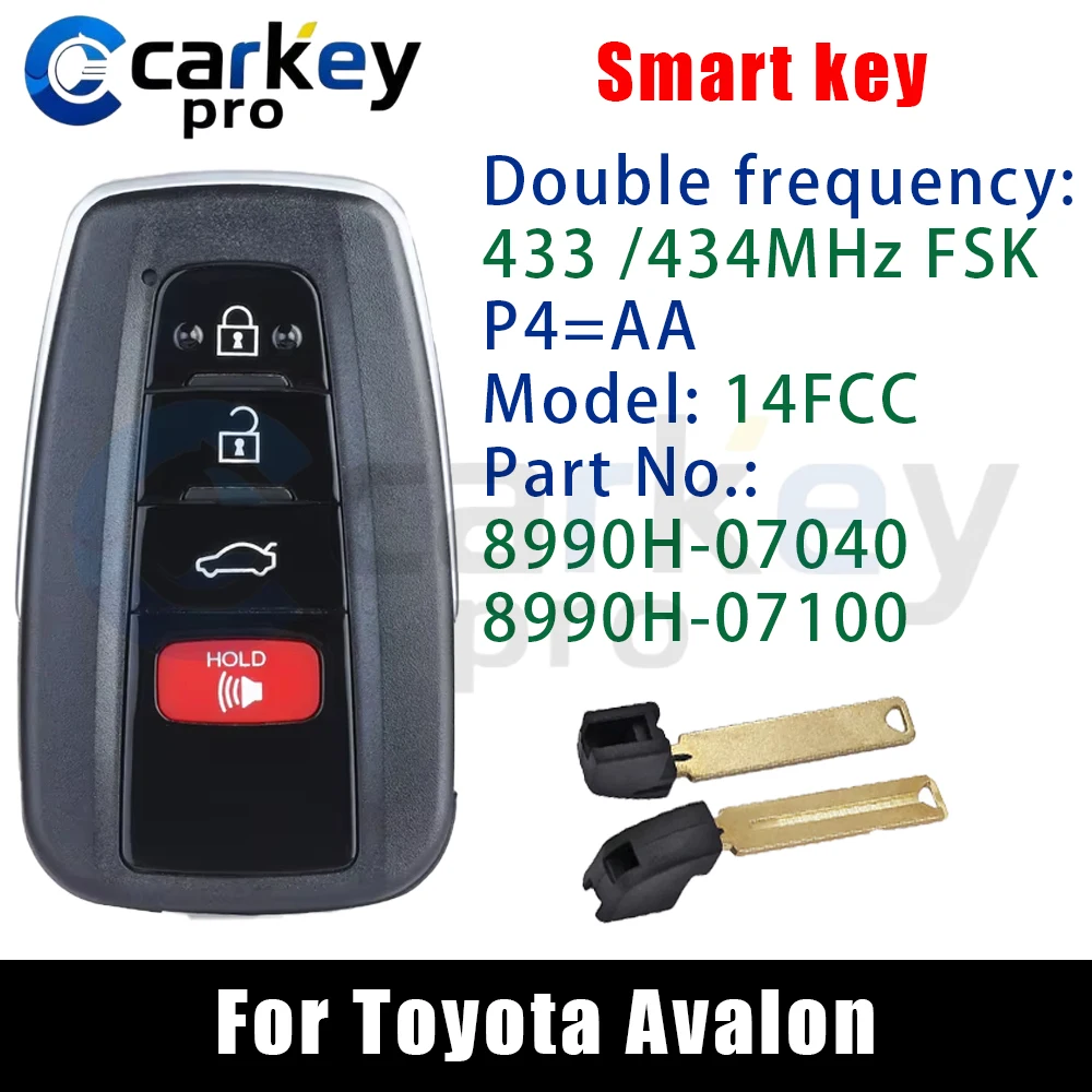 Carkeypro 3+1 Buttons Smart Key 433/434Mhz 14FCC 8990H-07040 8990H-07100  8A CHIP For Toyota Avalon