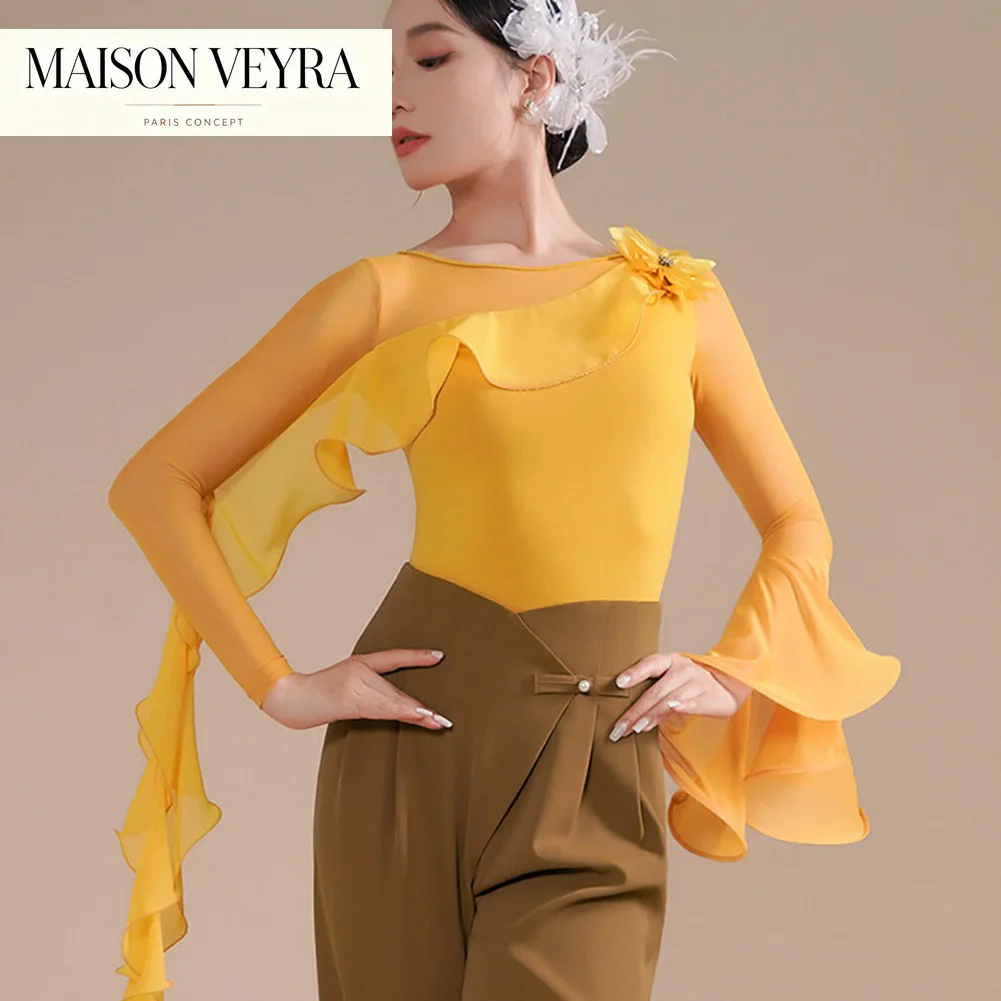 top-de-baile-latino-negro-con-bola-de-flores-tridimensional-top-largo-con-mangas-para-mujer-2026-top-amarillo-con-volantes-para-samba