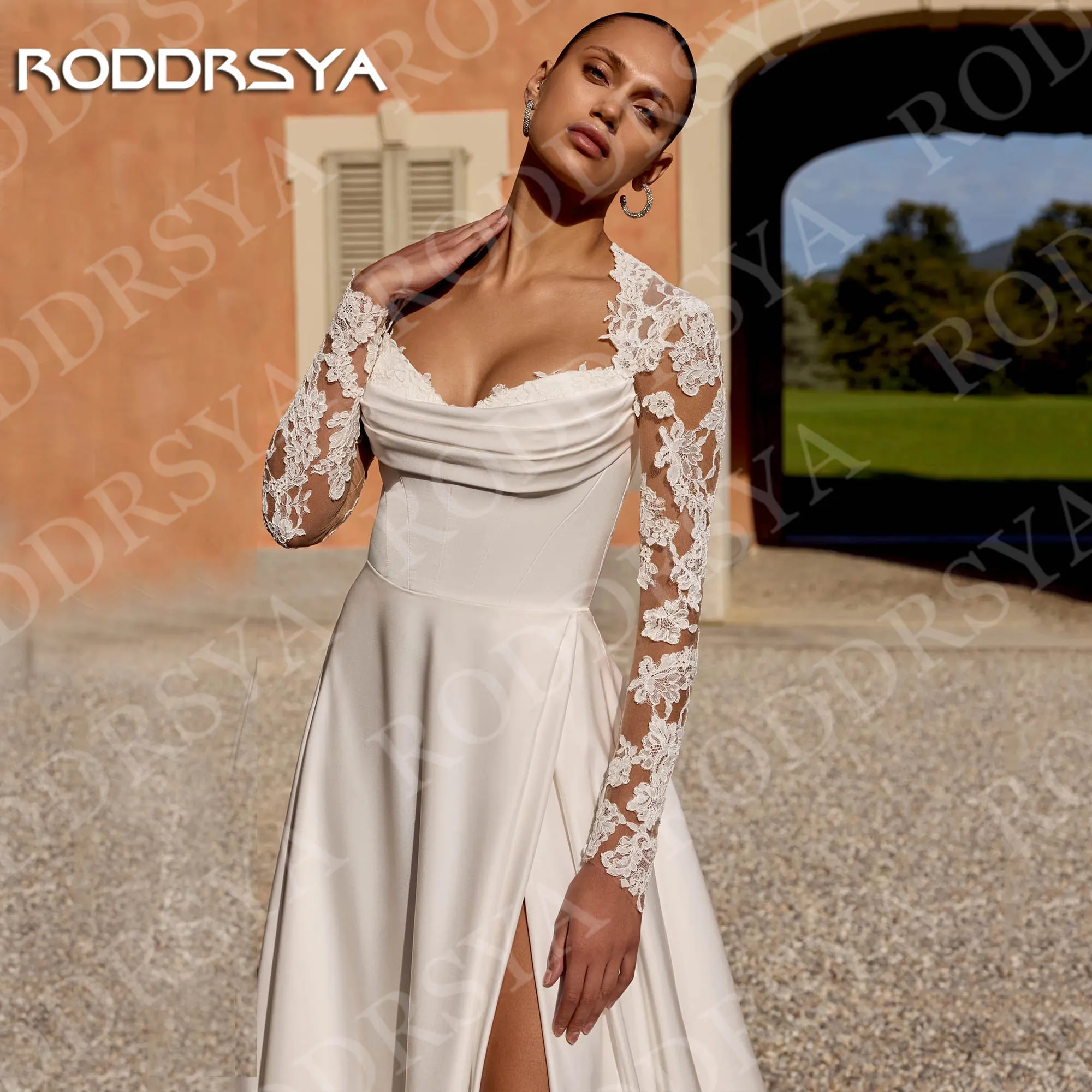 Roddrsya elegante vestidos de casamento mangas compridas rendas cetim uma linha apliques alta fenda vestido de noiva personalizado Vestidos de noiva elegantes mangas longas Lace cetim uma linha aplica alta fenda vestid