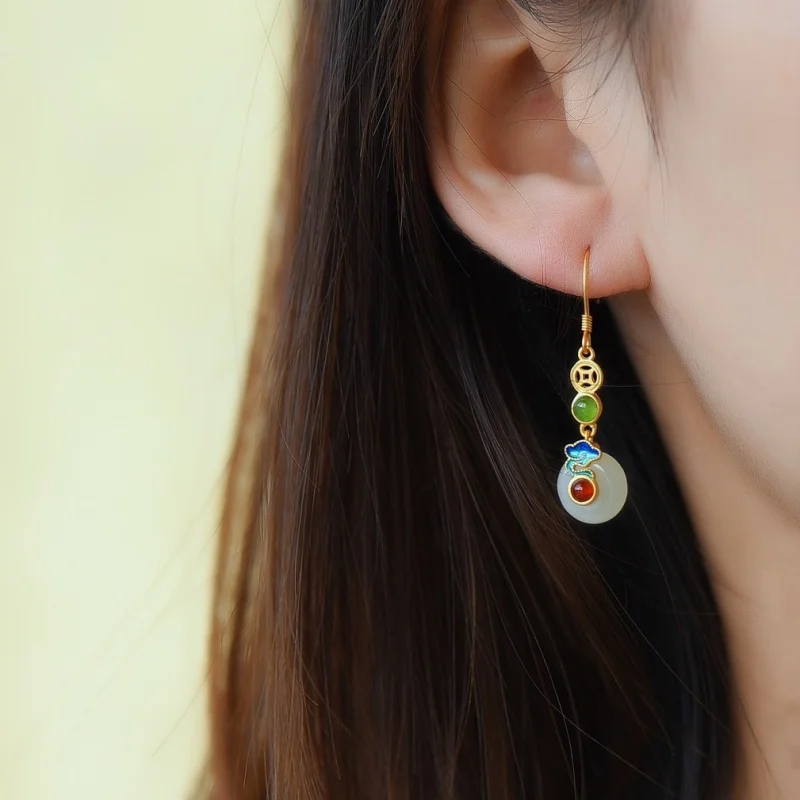 SGARIT Natural Hetian White Jade S925 Silver 10*37mm Classic Peace Buckle Hook Earrings Auspicious Cloud Accents Fine Texture