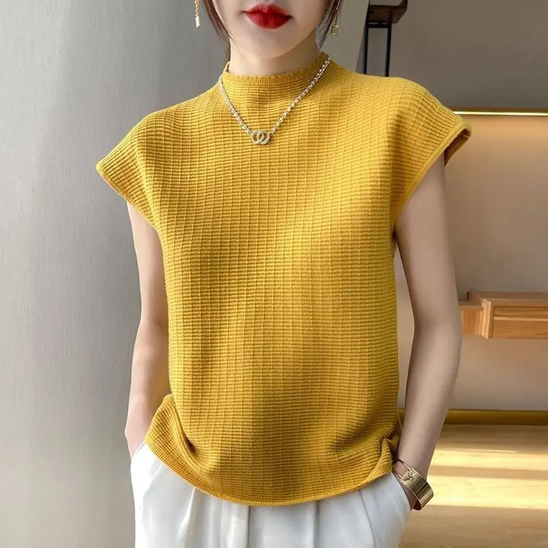 Spring Autumn Fashion Half High Neck Pullover Short Sleeve Knitted Jumper Casual Versatile Western Clothing Women Sweater Vest