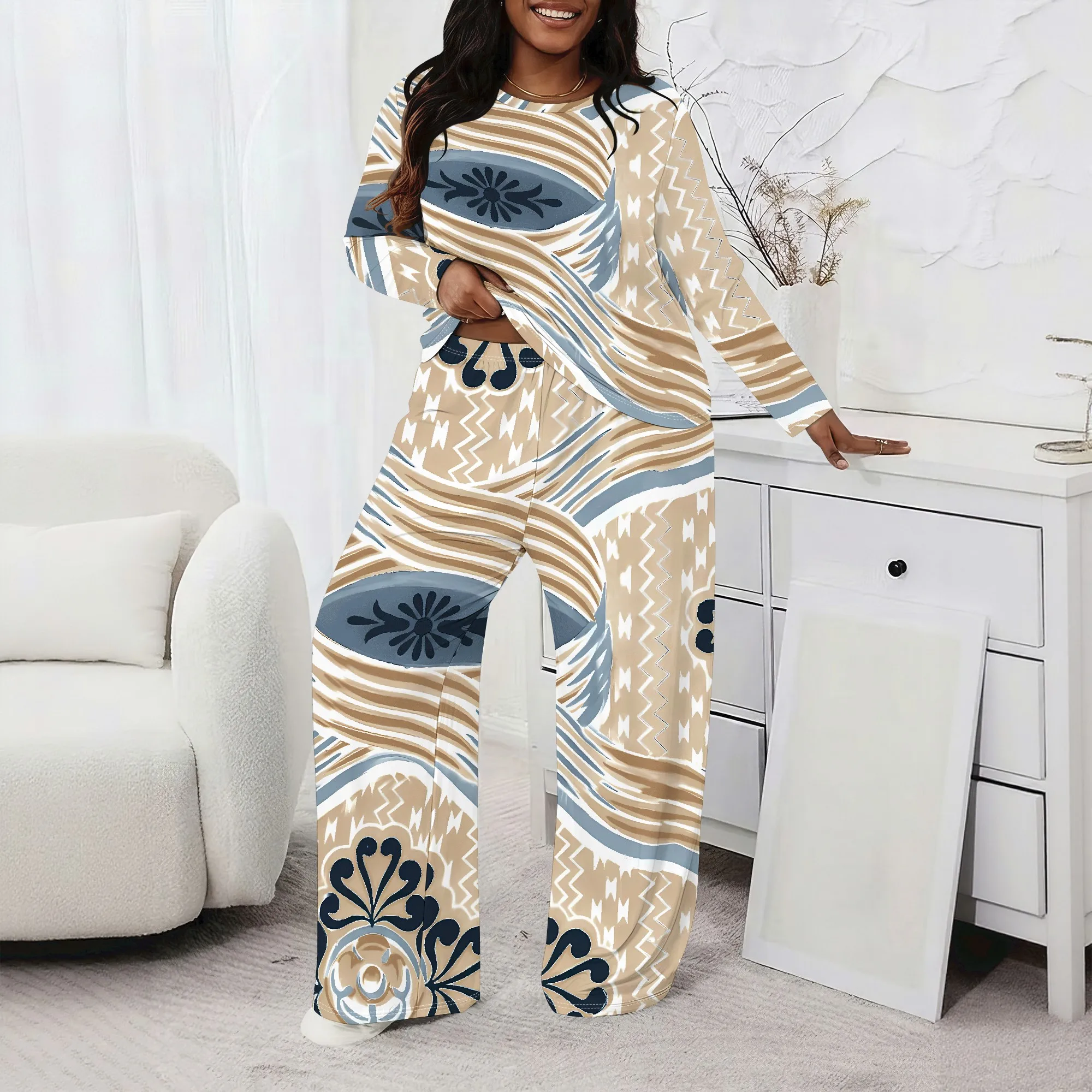 

Plus size Women two-piece set with 3D geometric print casual loose round neck long sleeved two-piece set (pocket)