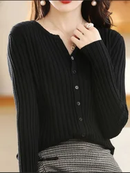 Black Button V-Neck Long Sleeve Knitted Cardigan Women's Elegant V Neck Long Sleeve Shirt Spring Autumn Thin Coat Top