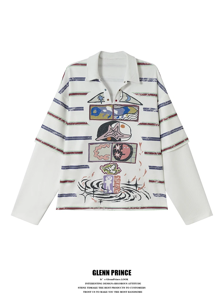 

Мужской свободный повседневный комплект из двух предметов: футболка с длинным рукавом и полосатый топ в американском стиле с вафельным узором