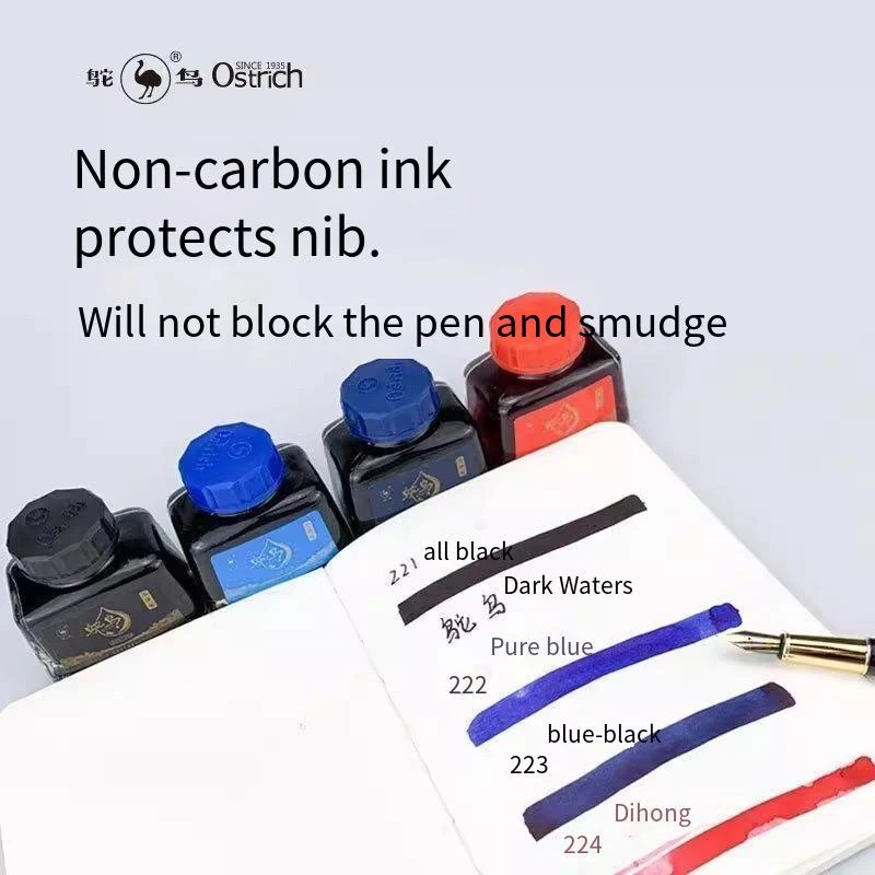 Ostrich 2-Series Fountain Pen Ink, 48ml - Non-clogging Carbon-Free in 4 Colors (Black/Blue/Blue-Black/Red)