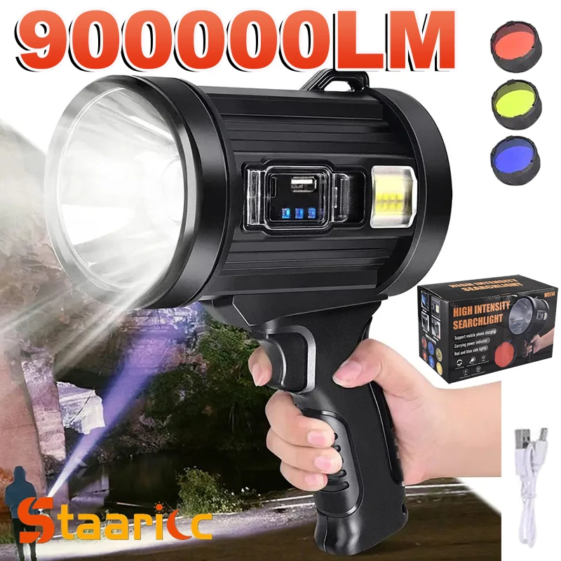 Rechargeable Spotlight 900000LM Led Spot Lights Handheld Large Flashlight Super Bright Outdoor Solar Spotlights Searchlight