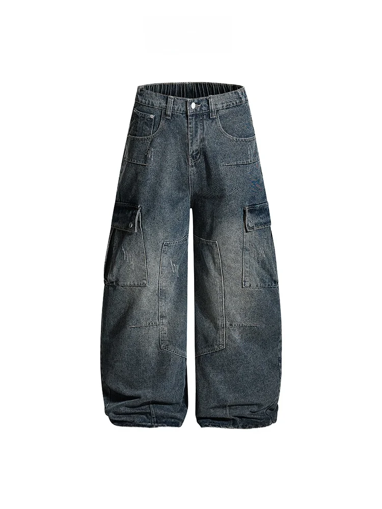 

American Retro Splicing Wide Leg Jeans Men's Multi-ket Knife Denim Pants ex Trendy Casual Cotton Stretch Jeans