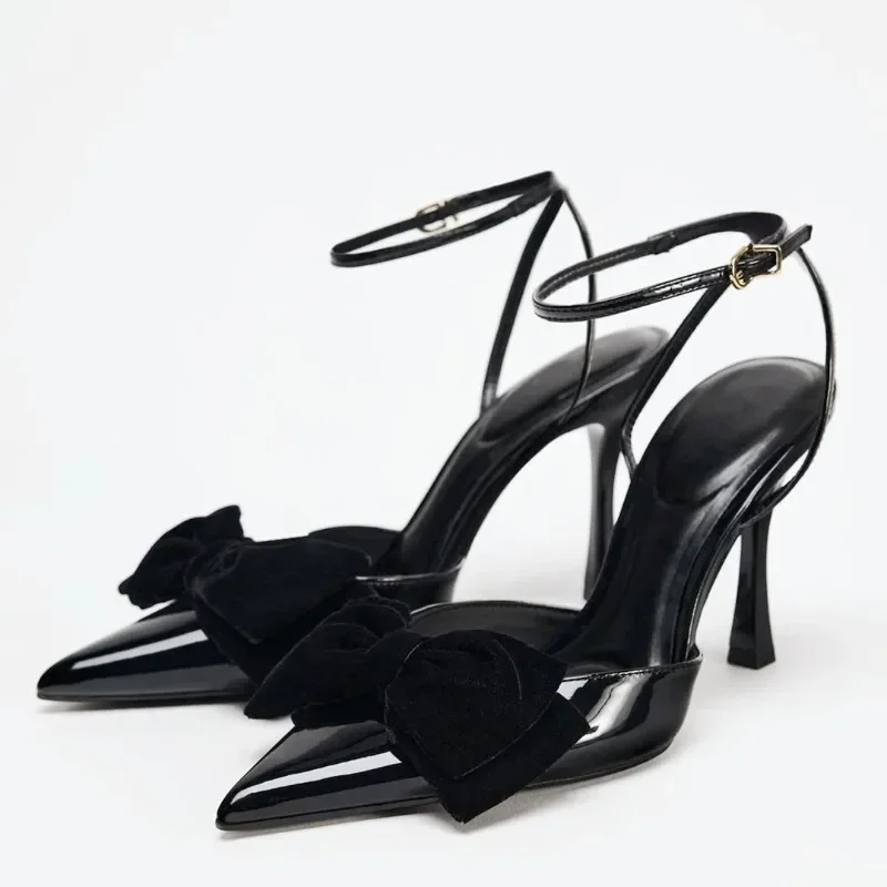 

Elegant Black High Heels for Women Fashion Velvet Bowknot Decoration Ankle Strap Banquet Pumps Sexy Pointed Toe Party Dress Shoe