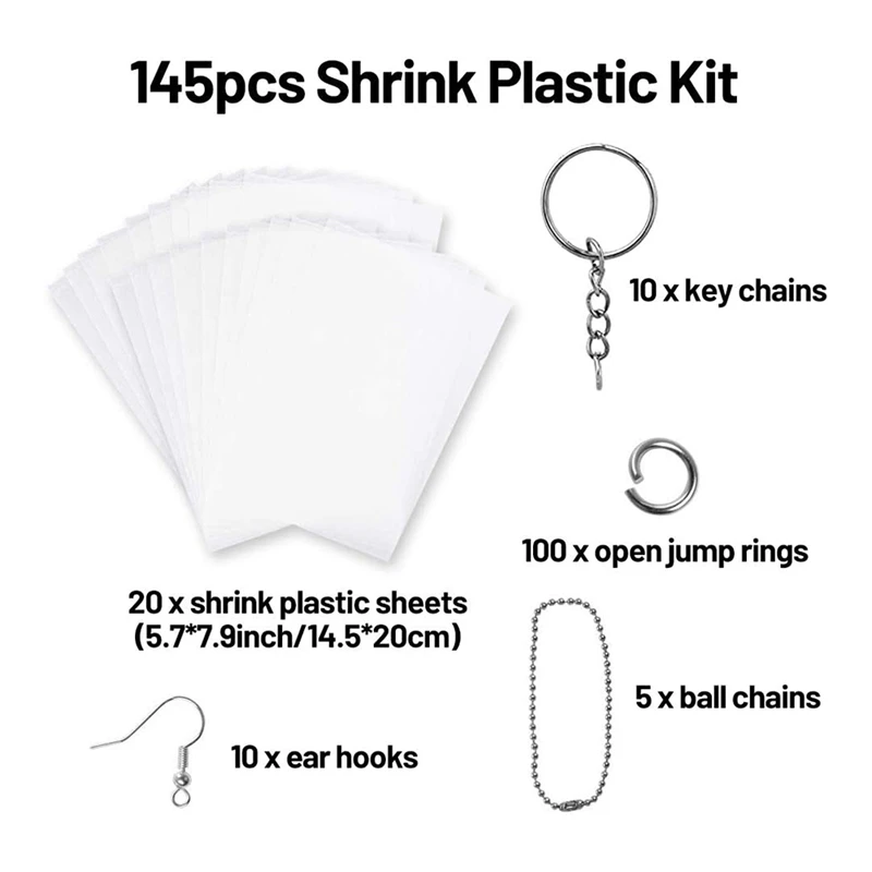 Paquet de feuilles de plastique thermorétractables, comprend du papier de film d'art rétractable vierge, porte-clés, accessoires pour ornements de bricolage, 125 pièces