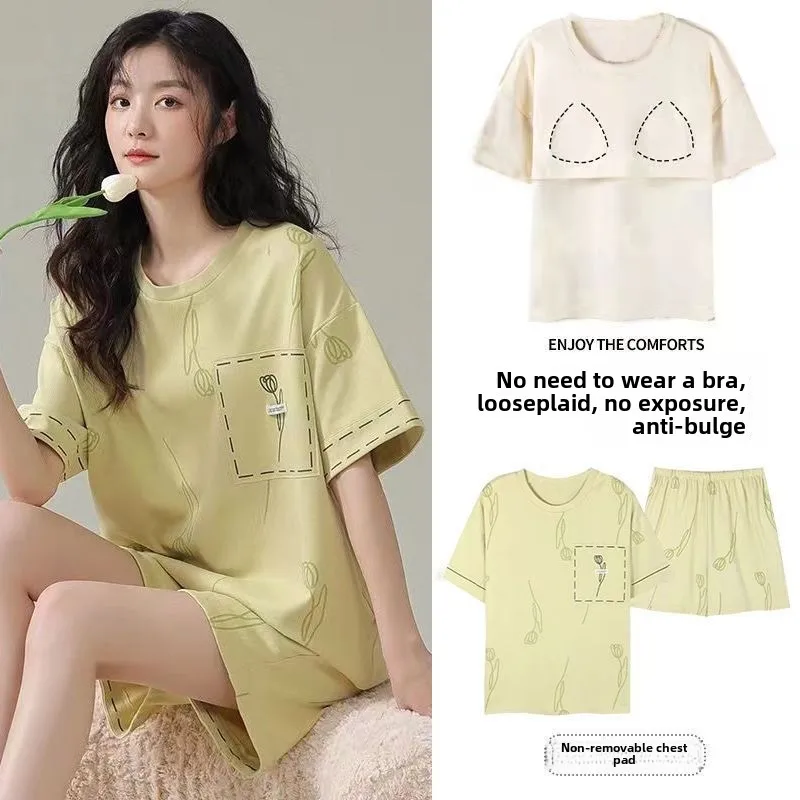 Pajamas with Chest Pads Ladies Summer Cartoon Short Sleeve Shorts Bear Student Loungewear 2 Piece Set Cute Sleepwear Homewear