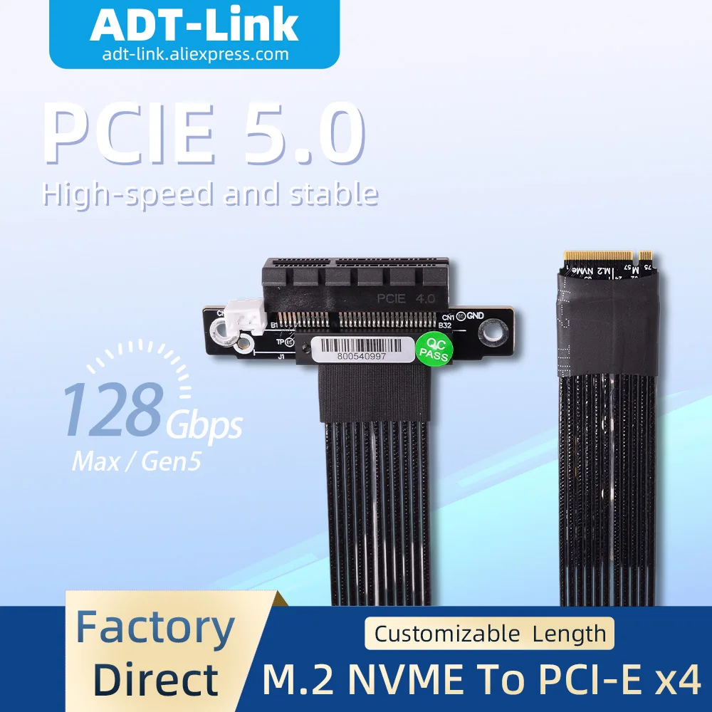 

ADT-Link Gen5 128 Гбит/с PCIe 5.0 X4 M.2 NVMe к PCIe X4 Удлинительный кабель Riser Высокоскоростной гибкий без потерь для карт захвата SSD