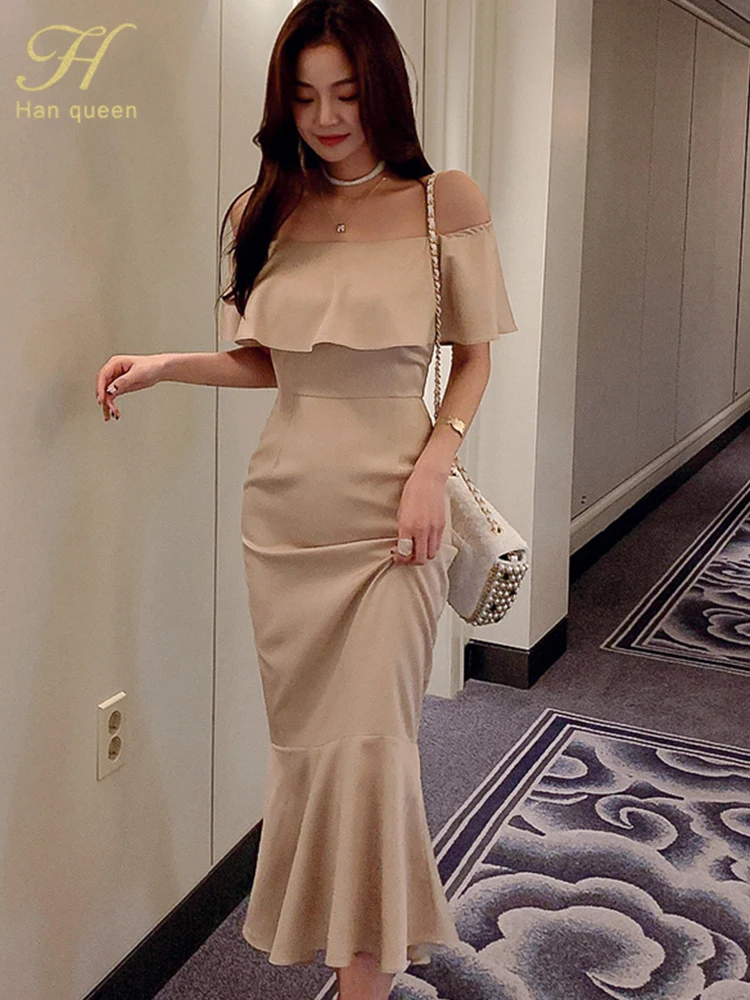 H Han Queen Hot Sale Sexy Slash Neck Mermaid Dress Elegant Fashion Slim Korean Party Long Vestidos Women Casual Simple Dresses