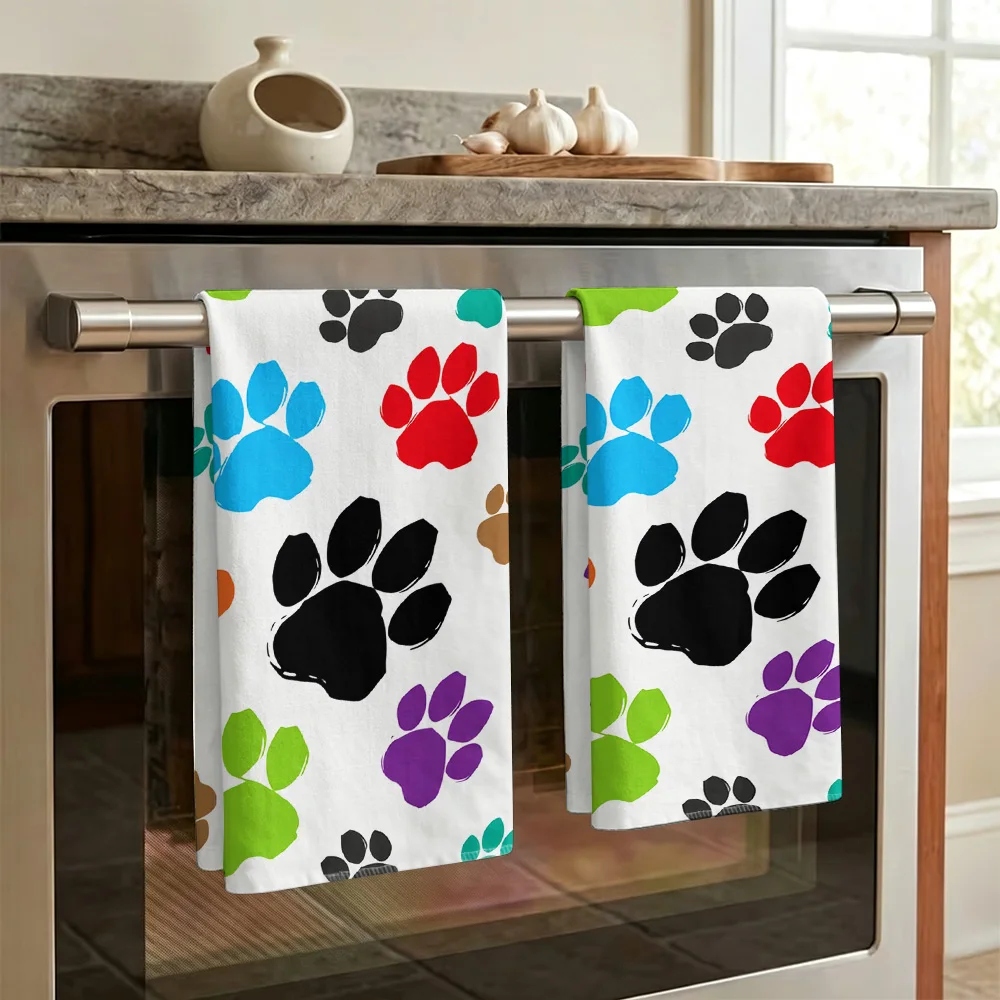 1pc/2pcs Colorful Paw Print Kitchen Towel-Super absorbent, reusable polyester dishcloths perfect for home decor, cooking, baking