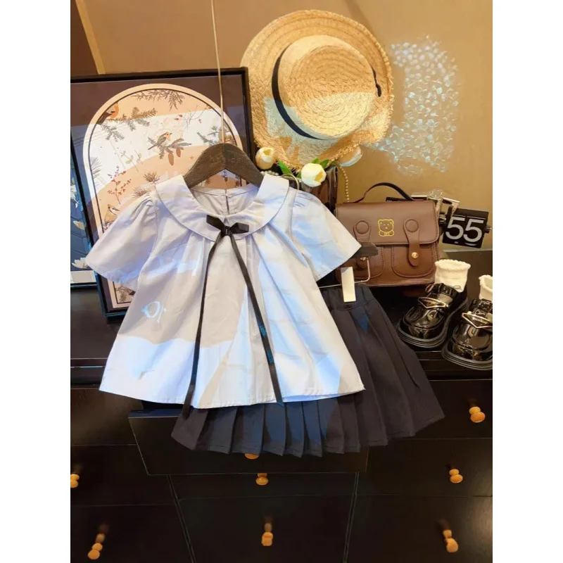 

Children's Outfit Dress New Summer Girls' Stylish Turn-down Collar Doll Shirt+Trendy Two-Piece Skirt Set