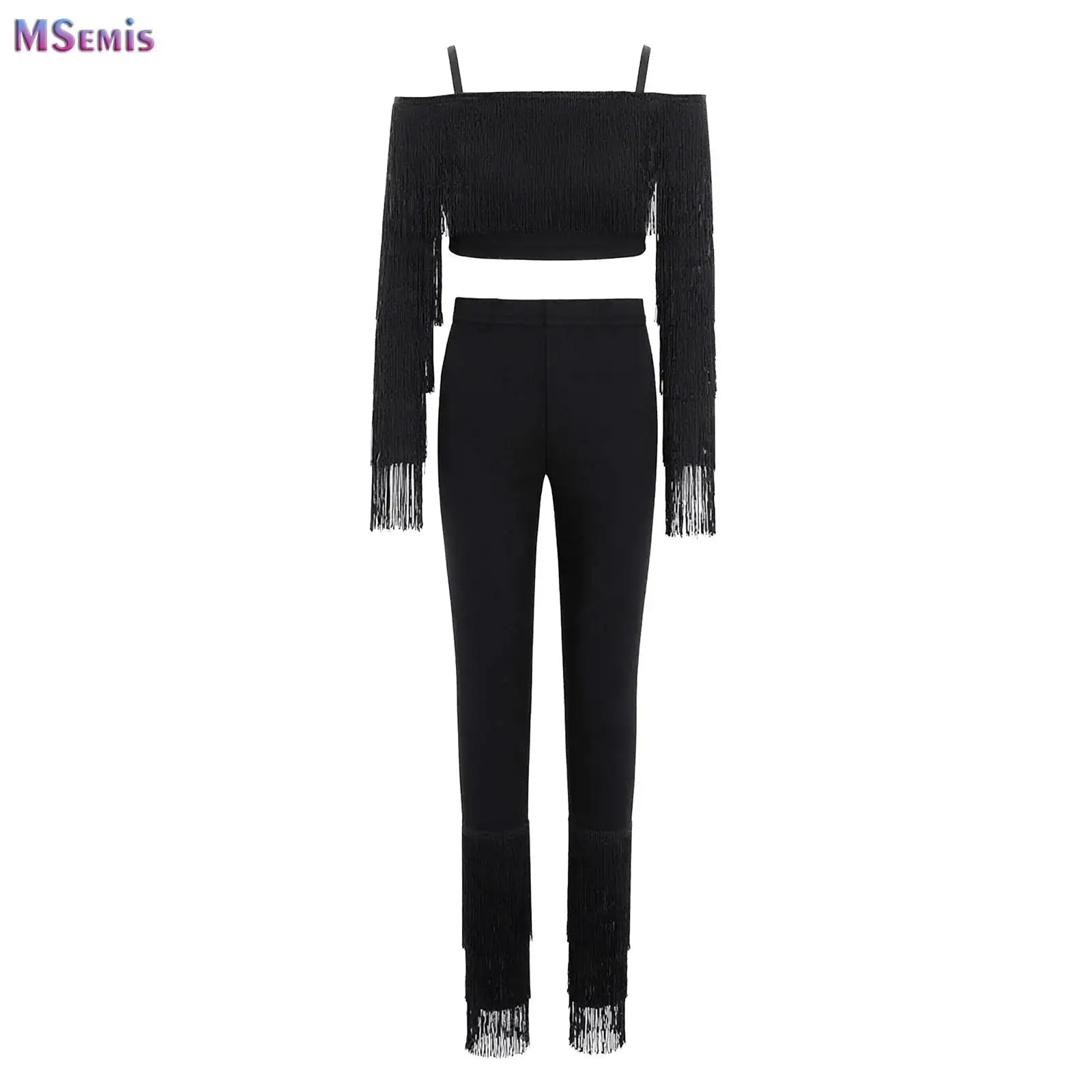 Black Leopard Latin Dance Competition Clothes Set For Girls Latin Fringed Sleeves Top Pants Kids Chacha Ballroom Dance Costume