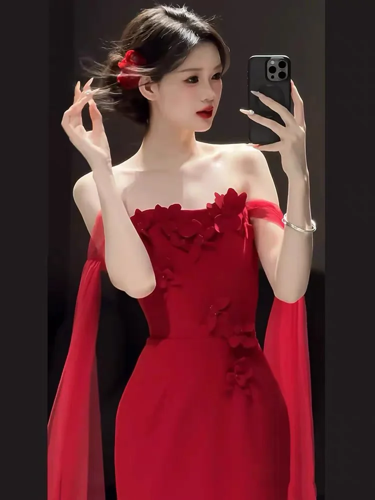 

One-oulder Bridal Evening Gown Red Fi-Tail Sle Korean High-Waist Slim-Fit Long Skirt for Engagement Par Wedding Celeb...