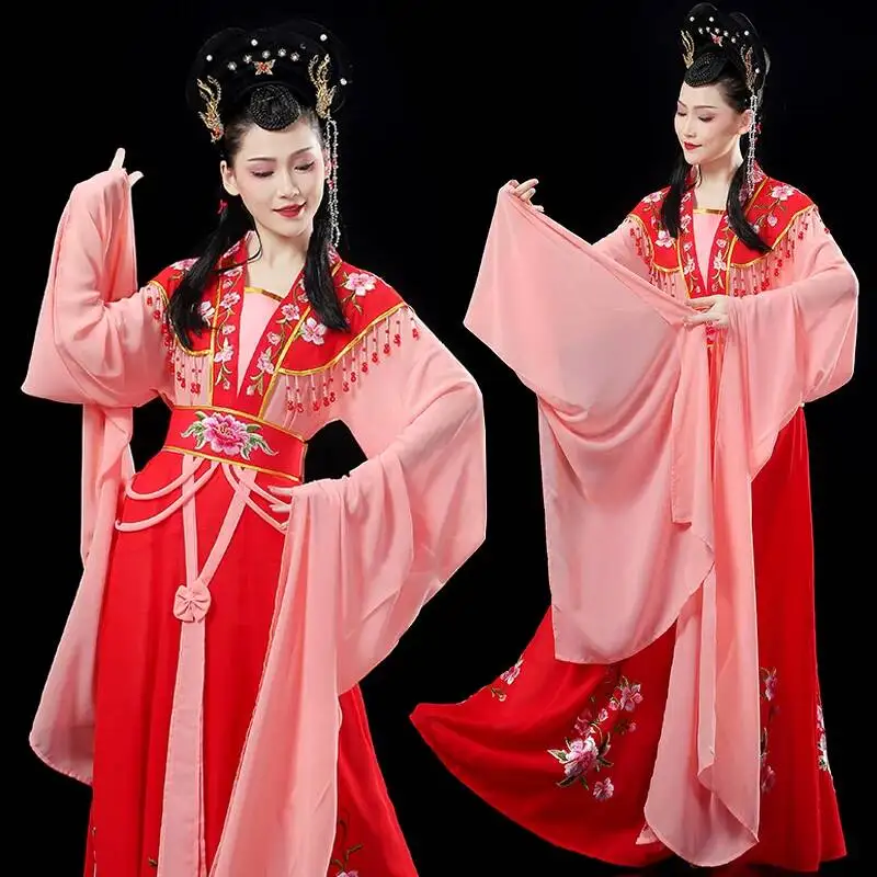 Chinese Opera Costume Red Pink Floral Embroidery Wide Sleeve Hanfu Ancient Palace Lady Outfit for Stage Cosplay Party