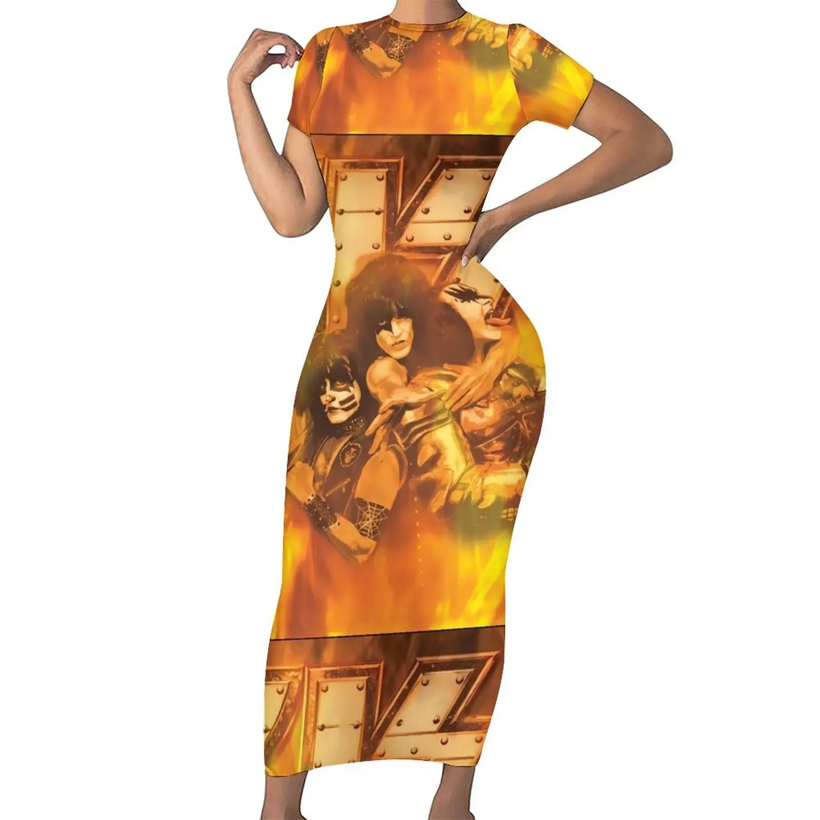 

Kiss Band Bodycon Dress Spring Vintage Print Trendy Maxi Dresses Women Short Sleeve Design Street Fashion Dress 3XL 4XL 5XL