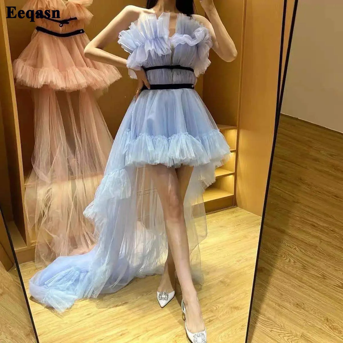 

Eeqasn Blue Tulle Black Belt Mini Prom Dresses Sweep Train Pleats Above Knee Cocktail Dress A Line Formal Homecoming Party Gowns