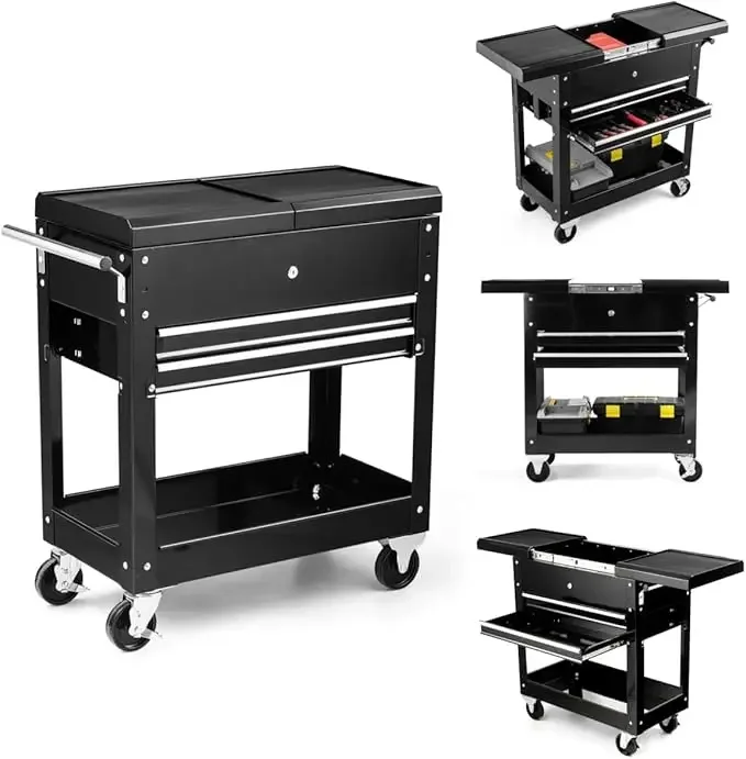 

Utility Service Cart Tool on Wheels Heavy Duty Metal 4 Tiers Shelves with Drawers Tool Storage Organizer