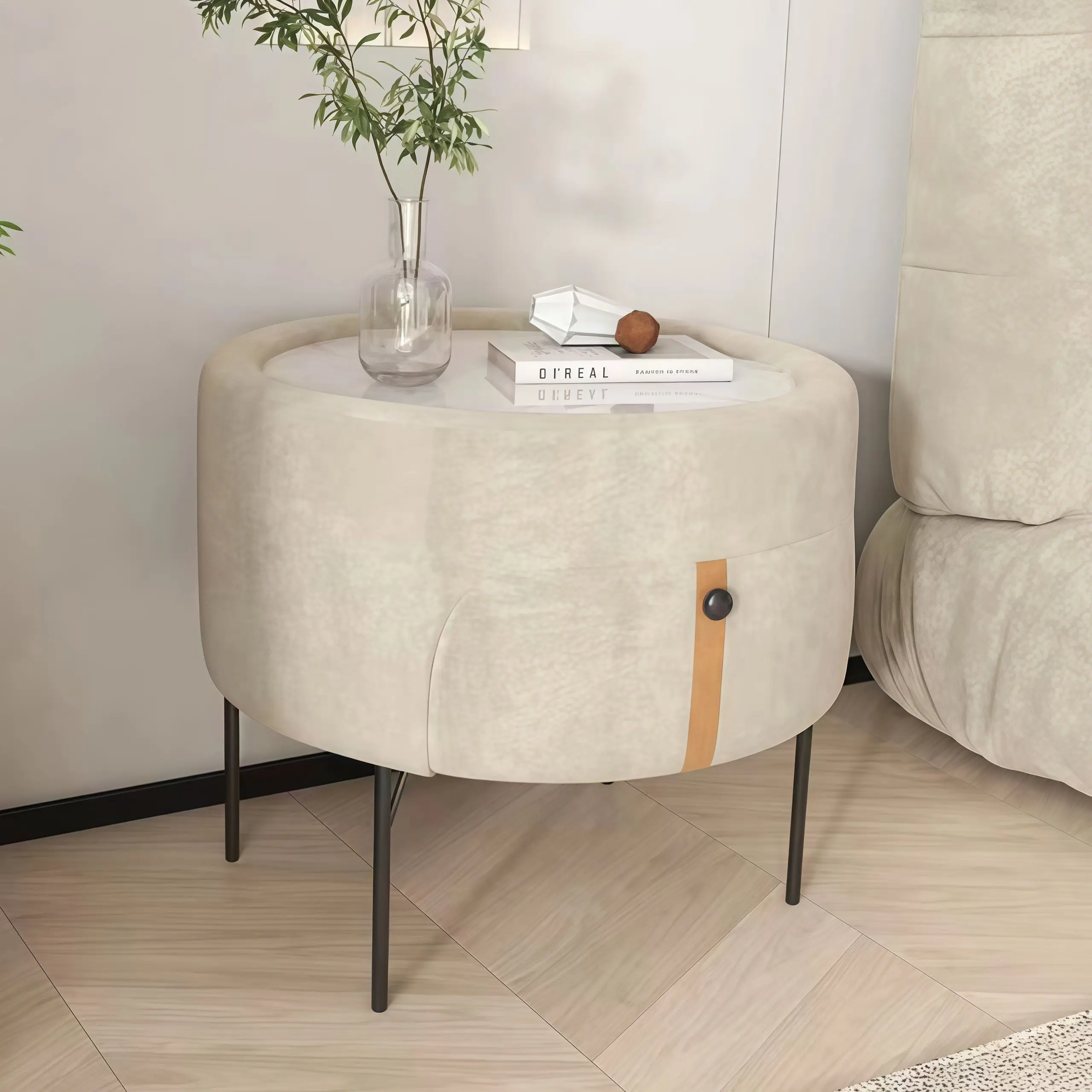 #Modern High-End Velvet Bedside Table Minimalist Solid Wood Nightstand Designer Light Luxury Storage Cabinet For Bedroom