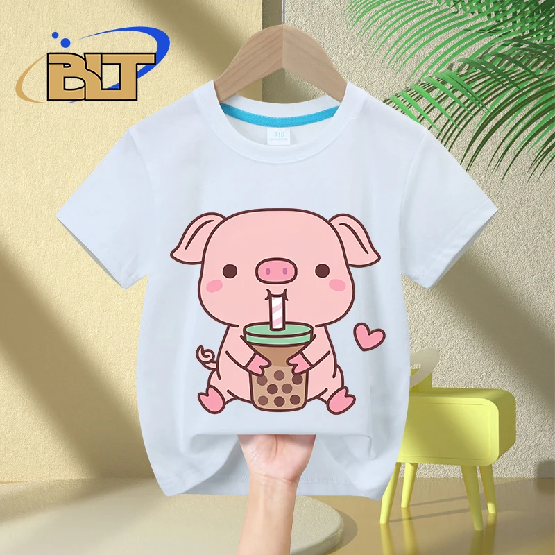 T-shirt de manga curta para menino e menina, top de algodão puro, porco bonito, amor bolha leite chá impresso, casual, verão