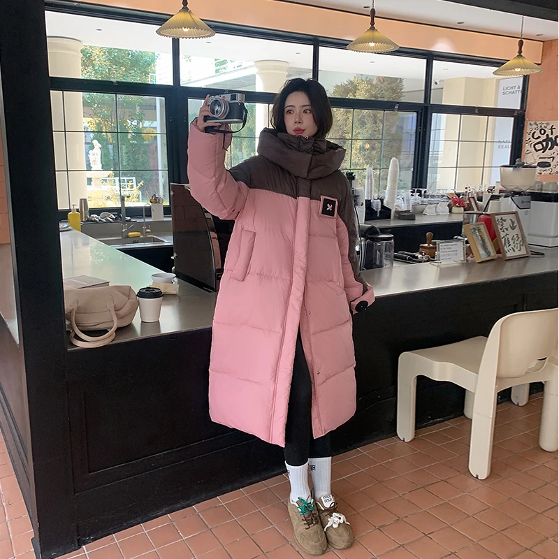 Extended Length Over-Knee Women's Cotton Jacket Thickened down Cotton splice Outerwear Winter Korean Version Student Coat