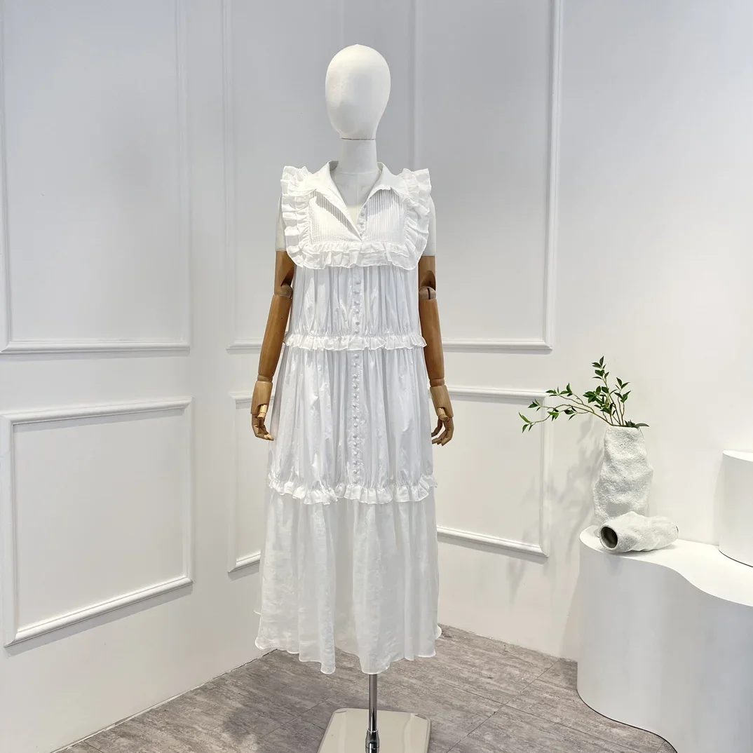 

2023 Latest Summer High Quality Pure Cotton Solid White Ruffle Sleeveless Women Elegant Long Midi Dresses