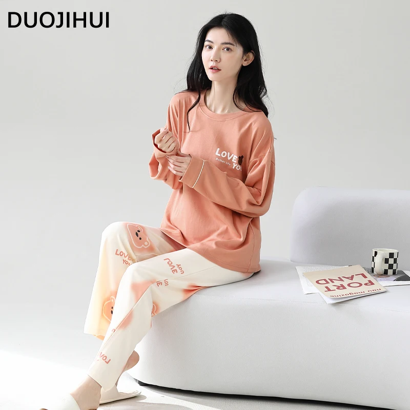 DUOJIHUI Orange Chic Printed Loose Pajamas for Women Autumn New with Chest Pad Top Simple Fashion Pant Basic Female Pajamas Set