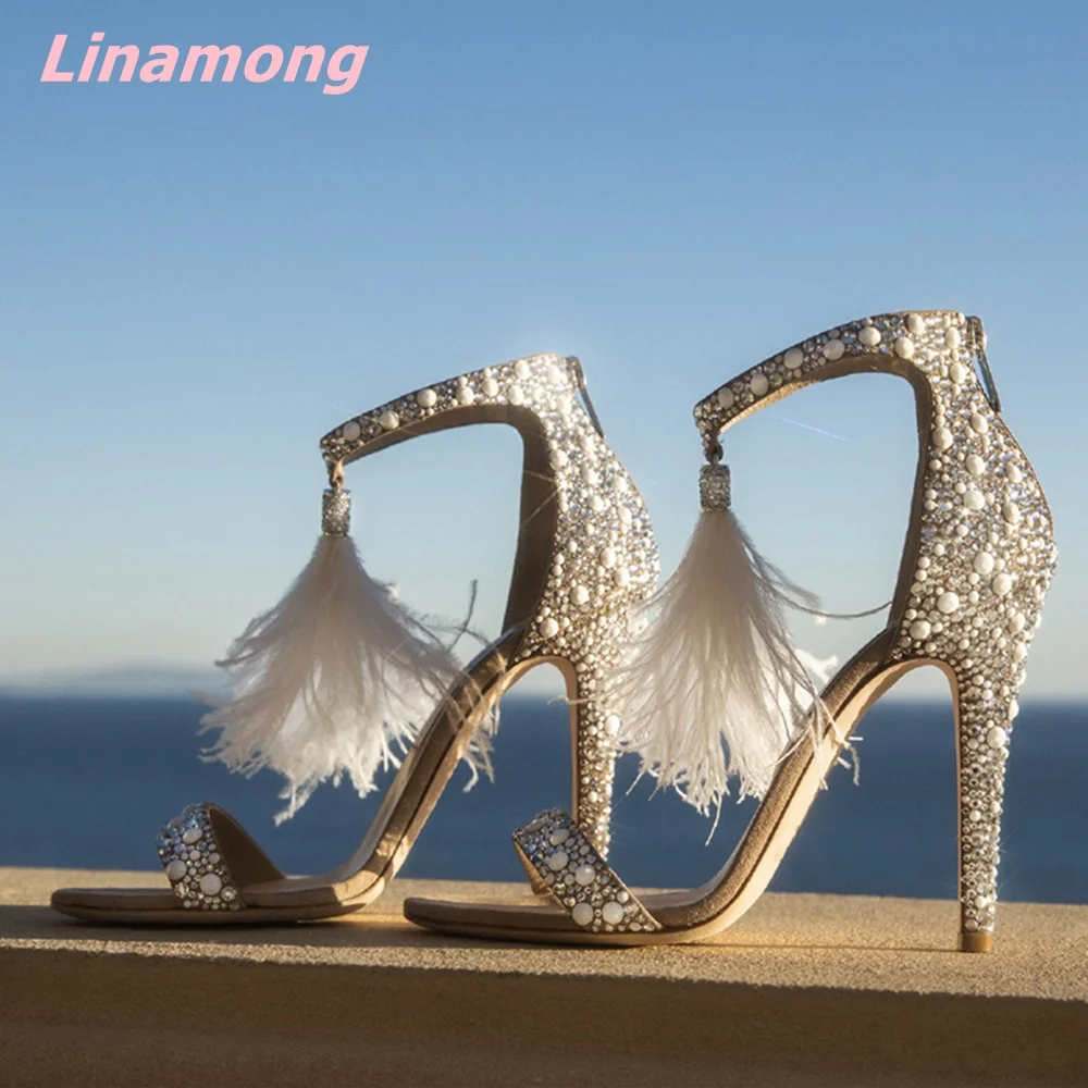 2024 Summer Pearl Women Sandals Cover Thin High Heel Sexy Genuine Leather Sweet Zipper Open Toe Comfortable Party Wedding  Shoes