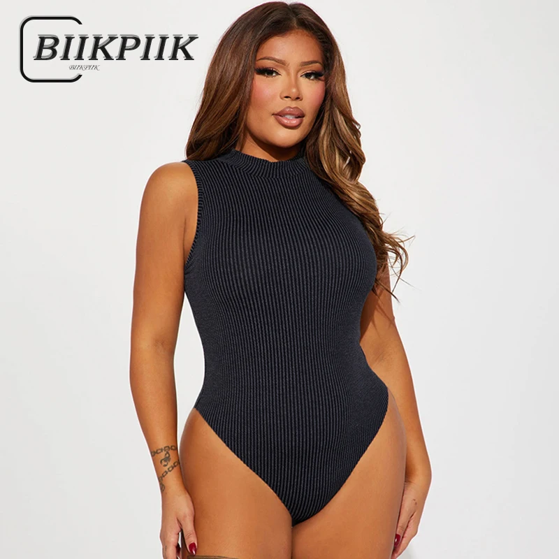 

BIIKPIIK Basic All-match Solid Sleeveless Bodysuits for Women Concise Stand Collar Slim Fit Casual Rompers Sporty Fitness Attire