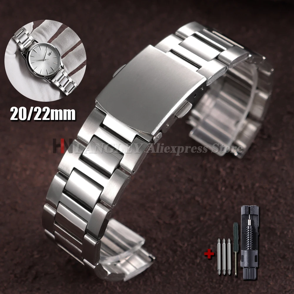 Stainless Steel Watch Band 20mm 22mm Three Beads Metal Watch Strap Folding Buckle Wrist Bracelet Polished Matte Replacement Belt
