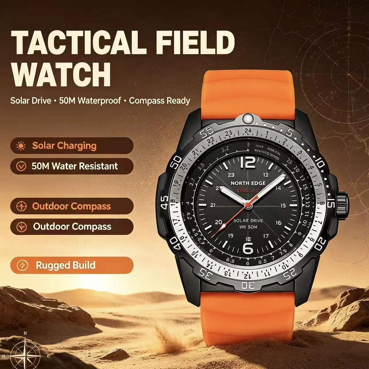 Men Solar Powered Wristwatch NORTH EDGE 50M Waterproof Luminous Display Silicone Band Outdoor Diving Sport Watch For Male