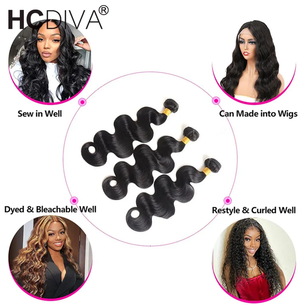 Tissage en Lot Brésilien Naturel Remy Body Wave, Extensions de Cheveux Humains, 10 à 40 Pouces, 1/3/4 Pièces