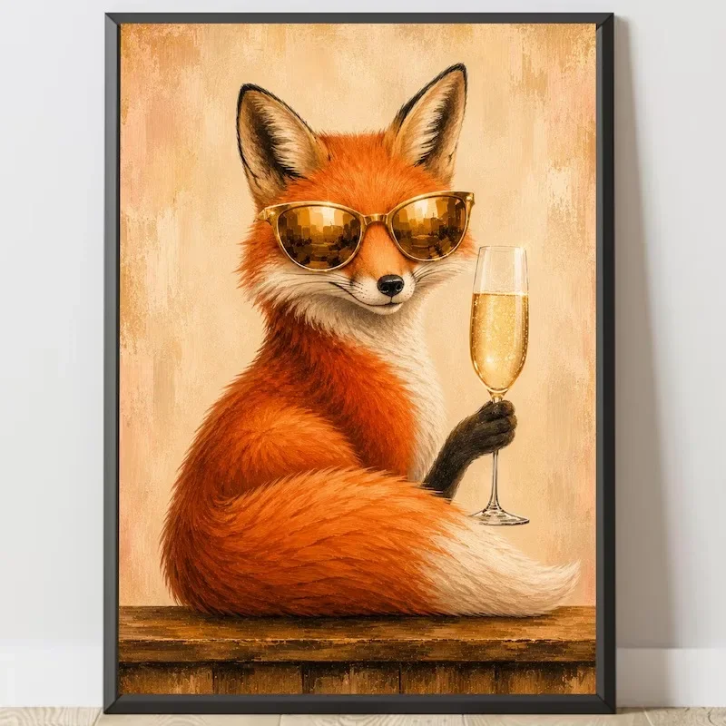 Retro Vintage Cool Animal Canvas Print Bundle Wildlife Wearing Sunglasses Holding Cocktail Poster Fun Bar Farmhouse Home Decor