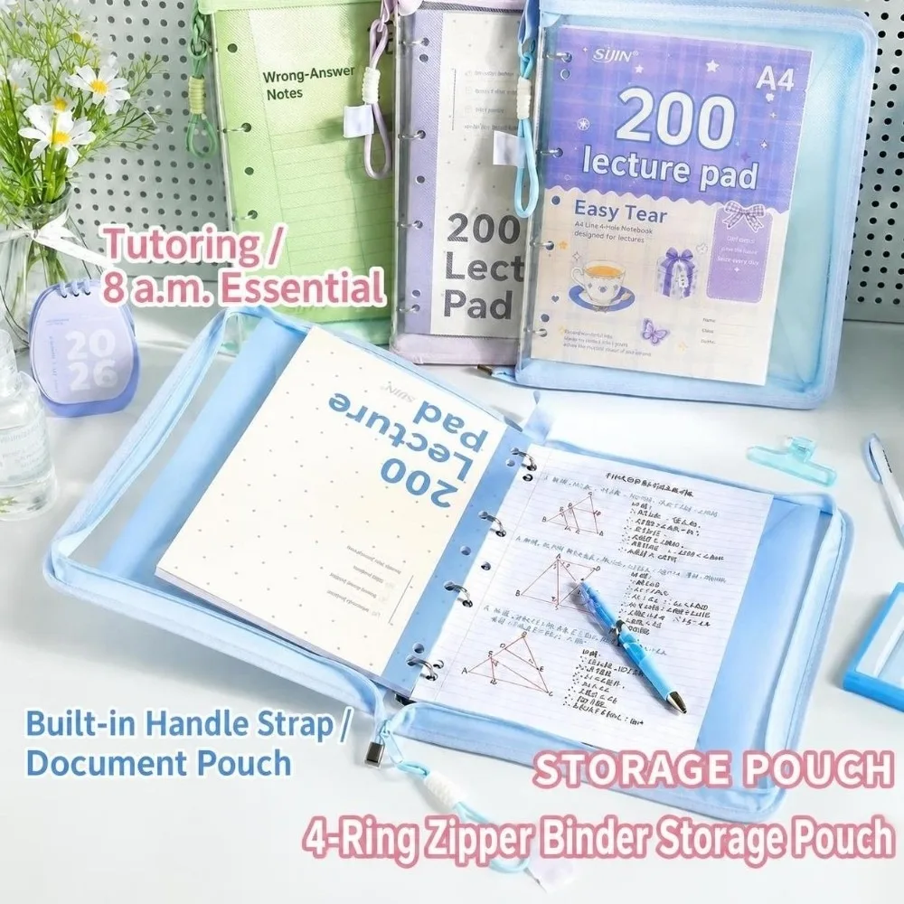 Portable 4-Hole Loose-leaf A4 Binder Folder, with Handle Zipper File Bag Transparent Paper Organizer School Supplies