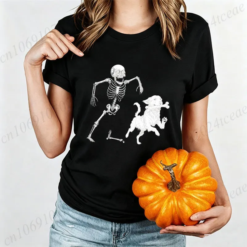 Halloween-Humor-Skelett-Hund-Print-Damen-T-Shirt, lässiges T-Shirt mit kurzen Ärmeln und Rundhalsausschnitt, gruseliges, lustiges Grafik-Top, T-Shirts für Feiertagspartys – Detail 6