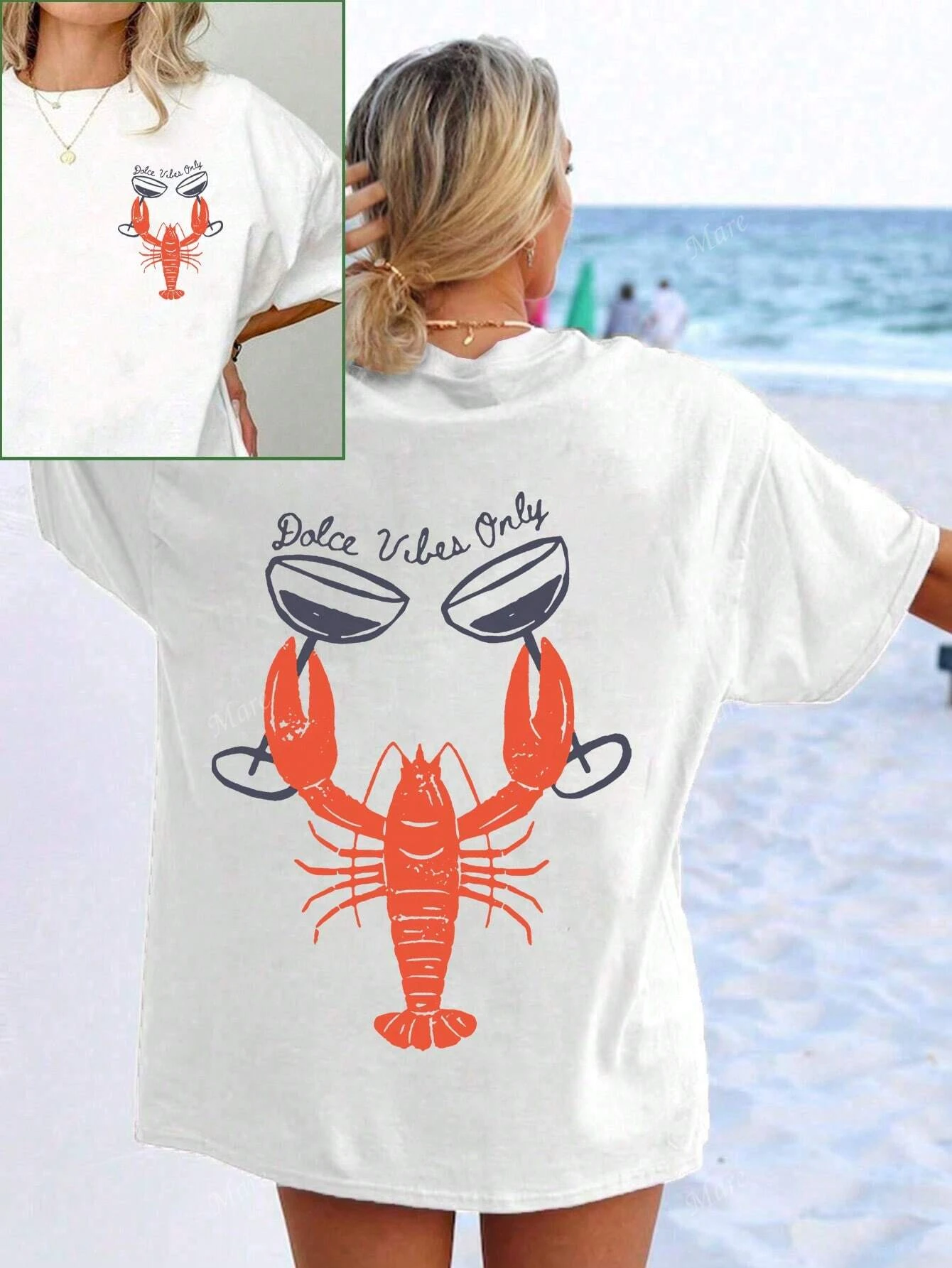 

Creative Lobster Illustration Printing Women T-Shirt Casual Loose T Shirts Crewneck Summer Short Sleeve Cotton Hip Hop Clothes