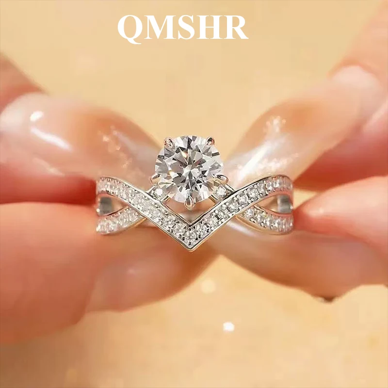 

QMSHR Gra-certified Moissanite Open ring crown ring D color genuine 925 sterling silver exquisite jewelry for women's wedding