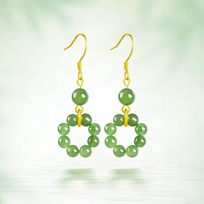 

Old Spicy Spinach Green Natural Hotan Jade Bead Chain Earrings S925 Silver Set Temperament Women's Jewelry Drop Ship