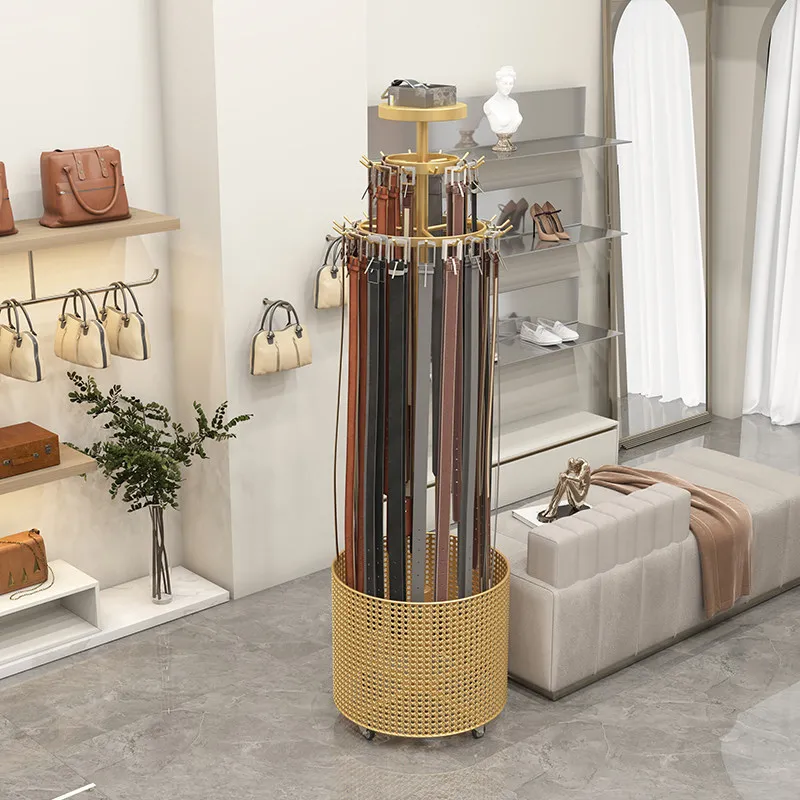 Garment store cylinder double belt storage display rack belt tie shelf floor rotating movable display rack