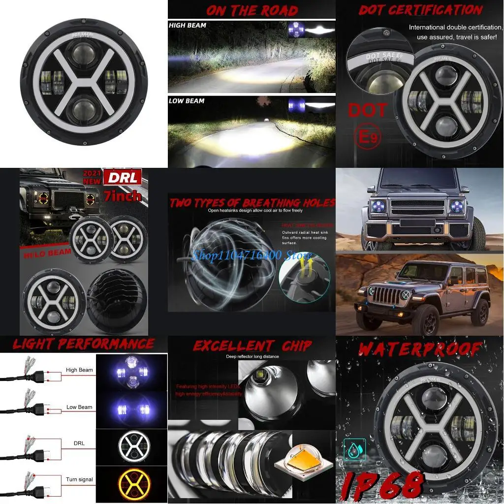 

y1gd Car Dome Light Front Bumper Lamp LED Headlight for Wrangler 7 Inch