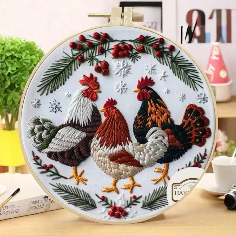 1PC of 3 rooster patterns Christmas embroidery diy handmade material package kit, beginner handmade creative embroidery mater